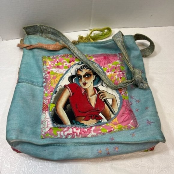 Handmade in The Keys Jean Floral Fabric Applique Girl Hobo Tote Bag Large 13x13" - Picture 7 of 15